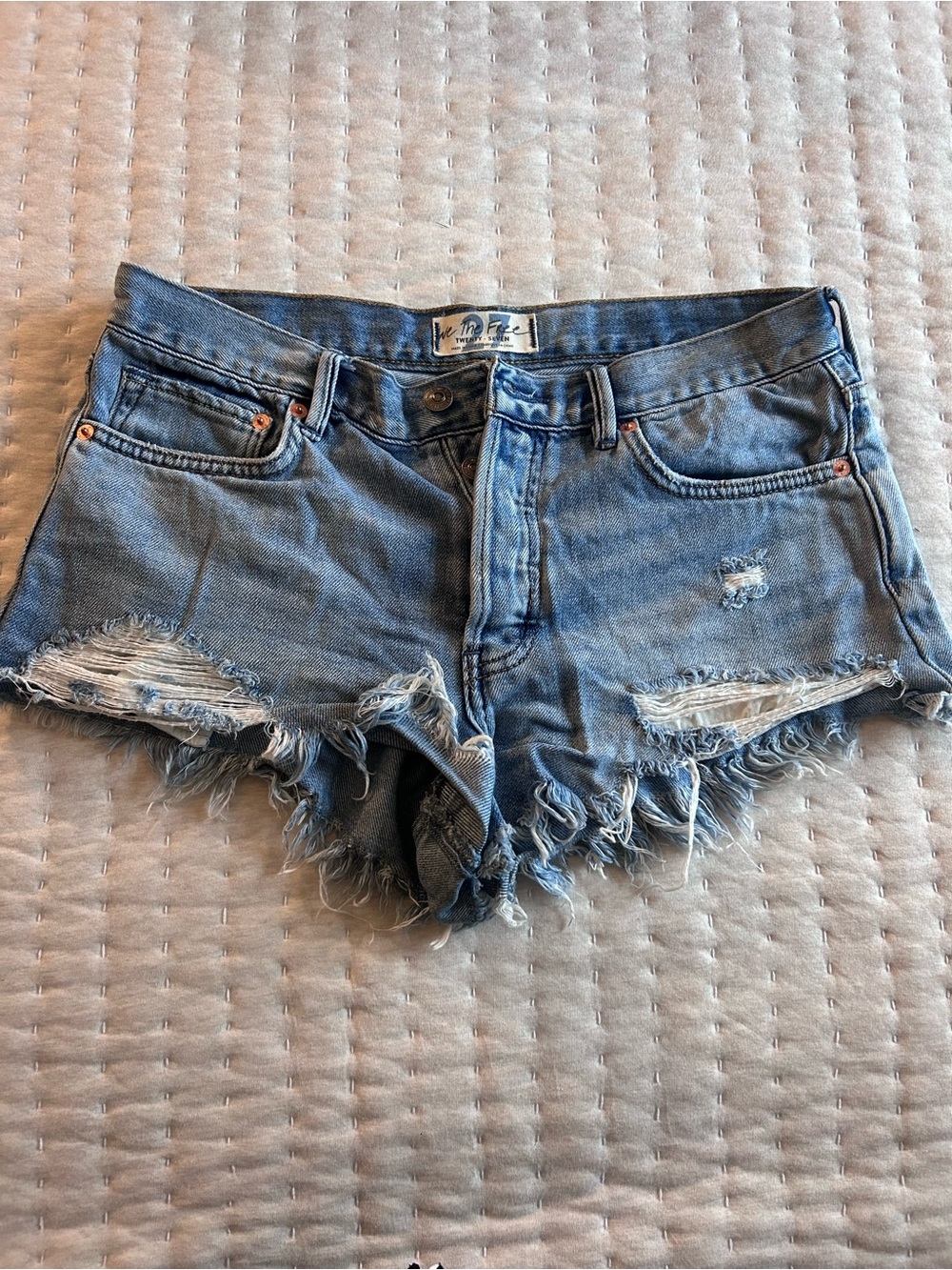Free People Light Blue Distressed Denim Cutoff Shorts